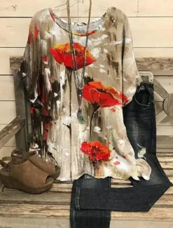 Women's Blouse Floral Graphic Bohemia Vintage Tropical Half Sleeve Crew Neck Boat Neck Regular Tops Daily Holiday Going out Print Black Purple Khaki Summer Spring Women Blouses & Shirts