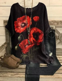 Women's Blouse Floral Graphic Bohemia Vintage Tropical Half Sleeve Crew Neck Boat Neck Regular Tops Daily Holiday Going out Print Black Purple Khaki Summer Spring Women Blouses & Shirts