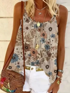 Online Women's Blouse Floral Graphic Paisley Daily Sleeveless Strap Scoop Neck Regular Tops Daily Holiday Beach Wear Print Maroon Blue Orange Khaki Summer Spring Women Tank Tops & Camis