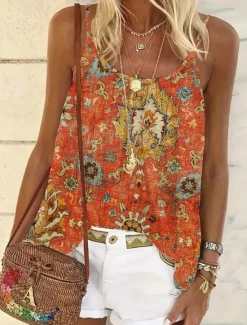 Online Women's Blouse Floral Graphic Paisley Daily Sleeveless Strap Scoop Neck Regular Tops Daily Holiday Beach Wear Print Maroon Blue Orange Khaki Summer Spring Women Tank Tops & Camis