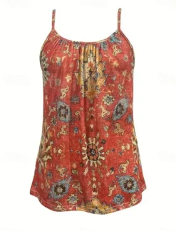 Online Women's Blouse Floral Graphic Paisley Daily Sleeveless Strap Scoop Neck Regular Tops Daily Holiday Beach Wear Print Maroon Blue Orange Khaki Summer Spring Women Tank Tops & Camis