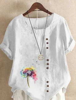 Online Women's Blouse Floral Graphic Stylish Casual Short Sleeve Crew Neck Regular Tops Daily Going out Buttons Print White Pink Purple Brown Green Summer Spring Women Shirts