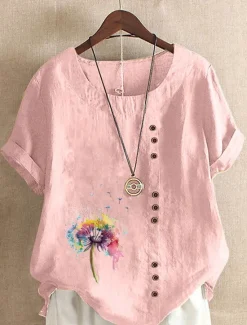 Online Women's Blouse Floral Graphic Stylish Casual Short Sleeve Crew Neck Regular Tops Daily Going out Buttons Print White Pink Purple Brown Green Summer Spring Women Shirts