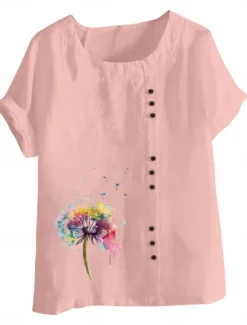Online Women's Blouse Floral Graphic Stylish Casual Short Sleeve Crew Neck Regular Tops Daily Going out Buttons Print White Pink Purple Brown Green Summer Spring Women Shirts