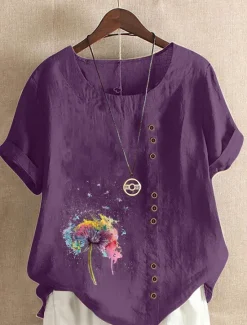 Online Women's Blouse Floral Graphic Stylish Casual Short Sleeve Crew Neck Regular Tops Daily Going out Buttons Print White Pink Purple Brown Green Summer Spring Women Shirts