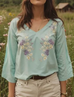 Discount Women's Blouse Floral Graphic Stylish Casual 3/4 Length Sleeve V Neck Regular Tops Daily White Green Summer Spring Women Blouses & Shirts|T-Shirts