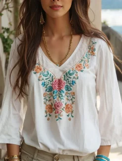 Discount Women's Blouse Floral Graphic Stylish Casual 3/4 Length Sleeve V Neck Regular Tops Daily White Green Summer Spring Women Blouses & Shirts|T-Shirts