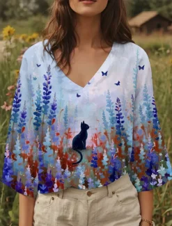 Online Women's Blouse Floral Graphic Cat Stylish Casual 3/4 Length Sleeve V Neck Regular Tops Daily Yellow Blue Purple Summer Spring Women Blouses & Shirts