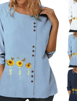 New Women's Blouse Floral Graphic Plants Elegant Vintage Fashion Long Sleeve Crew Neck Regular Tops Daily Going out Weekend White Blue Dark Blue Fall Women Shirts