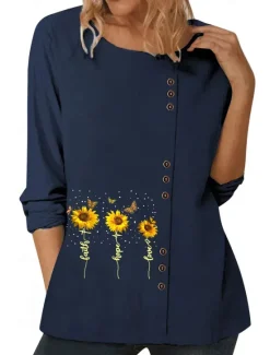 New Women's Blouse Floral Graphic Plants Elegant Vintage Fashion Long Sleeve Crew Neck Regular Tops Daily Going out Weekend White Blue Dark Blue Fall Women Shirts