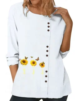 New Women's Blouse Floral Graphic Plants Elegant Vintage Fashion Long Sleeve Crew Neck Regular Tops Daily Going out Weekend White Blue Dark Blue Fall Women Shirts