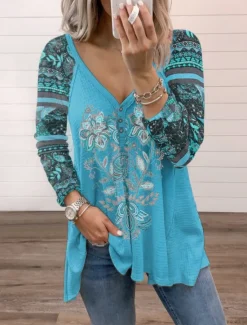 Hot Women's Blouse Floral Stylish Casual Long Sleeve V Neck Regular Tops Daily Print Red Blue Sky Blue Purple Summer Spring Women Blouses & Shirts