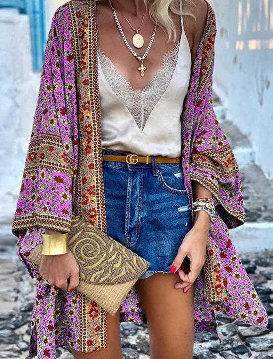 Sale Women's Blouse Flower Modern Casual Long Sleeve Asymmetrical Long Tops Daily Holiday Going out Print Yellow Pink Purple Green Summer Women Boho Tops