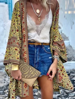 Sale Women's Blouse Flower Modern Casual Long Sleeve Asymmetrical Long Tops Daily Holiday Going out Print Yellow Pink Purple Green Summer Women Boho Tops
