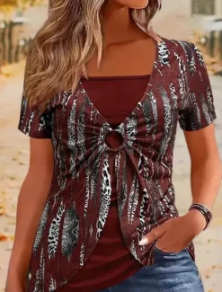 Discount Women's Blouse Geometric Fashion Stylish Modern Short Sleeve Crew Neck Regular Tops Daily Weekend Patchwork Print Black Wine Blue Brown Green Summer Women T-Shirts
