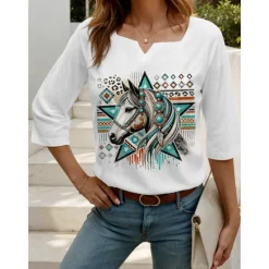 Best Women's Blouse Graphic Animal Elegant Bohemia 3/4 Length Sleeve Notched Neck Regular Tops Daily Linen Like Going out Print Summer Women Shirts