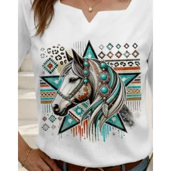 Best Women's Blouse Graphic Animal Elegant Bohemia 3/4 Length Sleeve Notched Neck Regular Tops Daily Linen Like Going out Print Summer Women Shirts