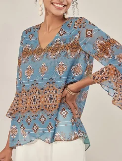 Sale Women's Blouse Graphic Elegant 3/4 Length Sleeve Bell Sleeve V Neck Regular Tops Work Ruffle Summer Spring Fall Women Chiffon Tops