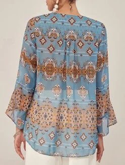 Sale Women's Blouse Graphic Elegant 3/4 Length Sleeve Bell Sleeve V Neck Regular Tops Work Ruffle Summer Spring Fall Women Chiffon Tops