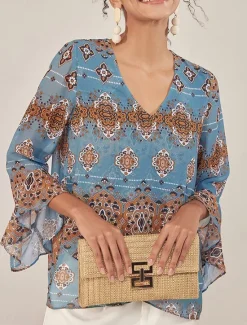 Sale Women's Blouse Graphic Elegant 3/4 Length Sleeve Bell Sleeve V Neck Regular Tops Work Ruffle Summer Spring Fall Women Chiffon Tops
