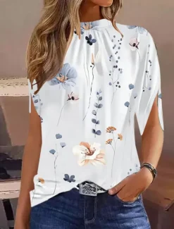 Best Women's Blouse Graphic Marble Elegant Casual Short Sleeve High Neck Regular Tops Daily Holiday Black White Green Summer Women Blouses & Shirts