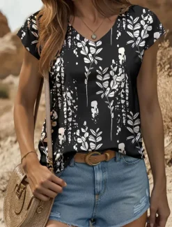 Clearance Women's Blouse Graphic Plants Vintage Stylish Classic Sleeveless Short Sleeve V Neck Regular Tops Daily Print Black White Summer Spring Women Tank Tops & Camis