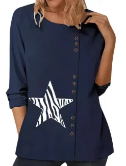 Best Women's Blouse Graphic Star Elegant Vintage Fashion Long Sleeve Crew Neck Round Neck Regular Tops Daily Going out Weekend White Blue Dark Blue Fall Women Shirts