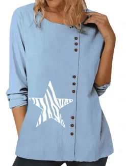 Best Women's Blouse Graphic Star Elegant Vintage Fashion Long Sleeve Crew Neck Round Neck Regular Tops Daily Going out Weekend White Blue Dark Blue Fall Women Shirts