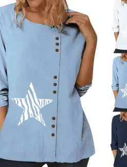 Best Women's Blouse Graphic Star Elegant Vintage Fashion Long Sleeve Crew Neck Round Neck Regular Tops Daily Going out Weekend White Blue Dark Blue Fall Women Shirts
