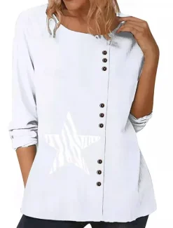 Best Women's Blouse Graphic Star Elegant Vintage Fashion Long Sleeve Crew Neck Round Neck Regular Tops Daily Going out Weekend White Blue Dark Blue Fall Women Shirts