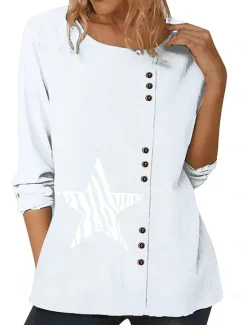 Best Women's Blouse Graphic Star Elegant Vintage Fashion Long Sleeve Crew Neck Round Neck Regular Tops Daily Going out Weekend White Blue Dark Blue Fall Women Shirts