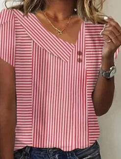 Discount Women's Blouse Graphic Striped Elegant Stylish Casual Short Sleeve Asymmetrical Regular Tops Daily Holiday Buttons White Red Blue Summer Spring Women Blouses & Shirts