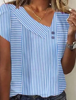 Discount Women's Blouse Graphic Striped Elegant Stylish Casual Short Sleeve Asymmetrical Regular Tops Daily Holiday Buttons White Red Blue Summer Spring Women Blouses & Shirts