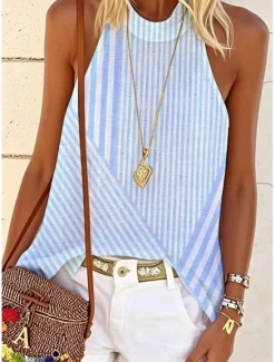 New Women's Blouse Graphic Striped Stylish Casual Sleeveless Crew Neck High Neck Regular Tops Daily Print Pink Blue Purple Green Summer Spring Women Tank Tops & Camis
