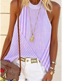 New Women's Blouse Graphic Striped Stylish Casual Sleeveless Crew Neck High Neck Regular Tops Daily Print Pink Blue Purple Green Summer Spring Women Tank Tops & Camis