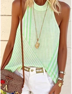 New Women's Blouse Graphic Striped Stylish Casual Sleeveless Crew Neck High Neck Regular Tops Daily Print Pink Blue Purple Green Summer Spring Women Tank Tops & Camis