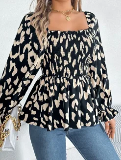 New Women's Blouse Graphic Stylish Casual Long Sleeve Square Neck Regular Tops Daily Print Black White Green Summer Spring Fall Women Blouses & Shirts