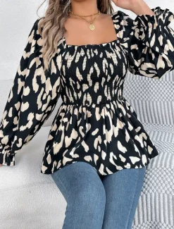 New Women's Blouse Graphic Stylish Casual Long Sleeve Square Neck Regular Tops Daily Print Black White Green Summer Spring Fall Women Blouses & Shirts