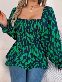 New Women's Blouse Graphic Stylish Casual Long Sleeve Square Neck Regular Tops Daily Print Black White Green Summer Spring Fall Women Blouses & Shirts