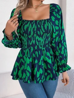 New Women's Blouse Graphic Stylish Casual Long Sleeve Square Neck Regular Tops Daily Print Black White Green Summer Spring Fall Women Blouses & Shirts