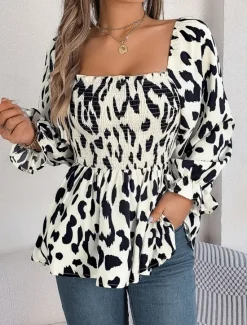 New Women's Blouse Graphic Stylish Casual Long Sleeve Square Neck Regular Tops Daily Print Black White Green Summer Spring Fall Women Blouses & Shirts