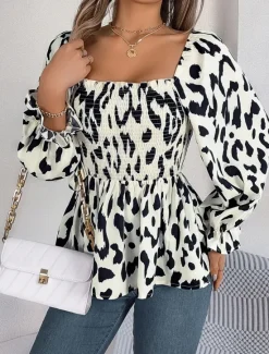 New Women's Blouse Graphic Stylish Casual Long Sleeve Square Neck Regular Tops Daily Print Black White Green Summer Spring Fall Women Blouses & Shirts