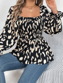 New Women's Blouse Graphic Stylish Casual Long Sleeve Square Neck Regular Tops Daily Print Black White Green Summer Spring Fall Women Blouses & Shirts