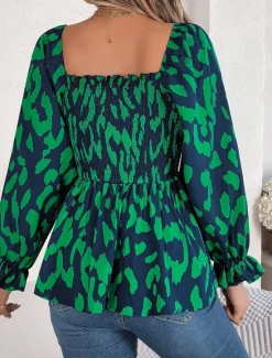 New Women's Blouse Graphic Stylish Casual Long Sleeve Square Neck Regular Tops Daily Print Black White Green Summer Spring Fall Women Blouses & Shirts