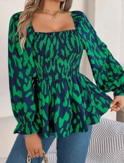 New Women's Blouse Graphic Stylish Casual Long Sleeve Square Neck Regular Tops Daily Print Black White Green Summer Spring Fall Women Blouses & Shirts