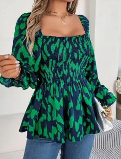 New Women's Blouse Graphic Stylish Casual Long Sleeve Square Neck Regular Tops Daily Print Black White Green Summer Spring Fall Women Blouses & Shirts