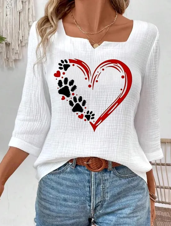 Outlet Women's Blouse Heart Animal Elegant 3/4 Length Sleeve Notched Neck Regular Tops Daily Linen Like Going out Print Summer Women Shirts