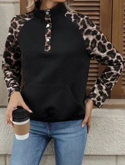 Online Women's Blouse Leopard Active Daily Stylish Long Sleeve High Neck Regular Tops Work Holiday Going out Patchwork Spring Fall Women Hoodies & Sweatshirts