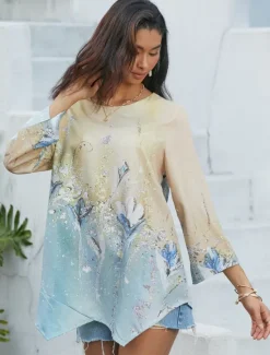 Outlet Women's Blouse Long Sleeve Asymmetrical Hem Chiffon Basic Abstract Print Long Tops Round Neck Casual Holiday Yellow Light Green Spring Fall Women Chiffon Tops