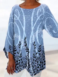 Best Women's Blouse Long Sleeve Asymmetrical Hem Chiffon Daily Basic Leaf Print Long Tops Round Neck Casual Holiday Blue Green Gray Fall & Winter Women Chiffon Tops